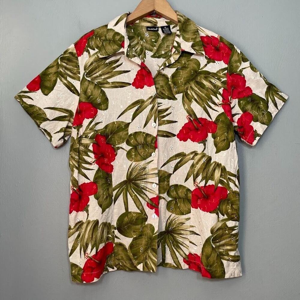 NorthCrest Size XL Button Up Embroidered Eyelet Linen Shirt Tropical Floral Top